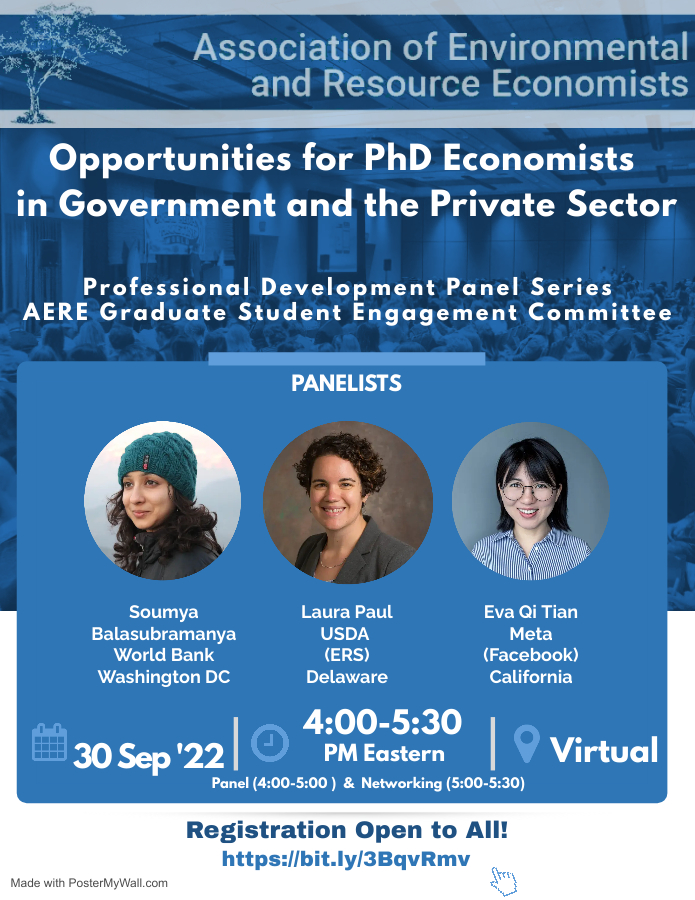 ✨ New Semester, New #AEREProfDev Panel ✨

Join us on 9/30 from 4-5:30 PM EDT for "Opportunities for PhD Economists in Government &amp; the Private Sector" with Soumya Balasubramanya (<a href="/soumyahb/">Soumya Balasubramanya</a>), Laura Paul (<a href="/laapaul/">Laura Paul</a>) &amp; Eva Qi Tian. #EconTwitter

Register: bit.ly/3BqvRmv
