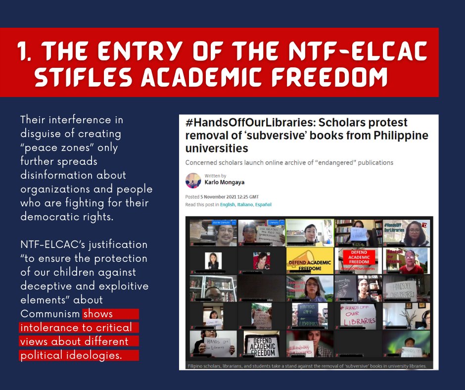 defendpisay's tweet photo. 5 REASONS TO OPPOSE THE ENTRY OF NTF-ELCAC IN PISAY AND SCHOOLS

SIgn the unity statement on the MOA of RTF-ELCAC and PSHS-WVC: https://t.co/Ed63HnWs28

1/2 https://t.co/4LEQ4ElhM8