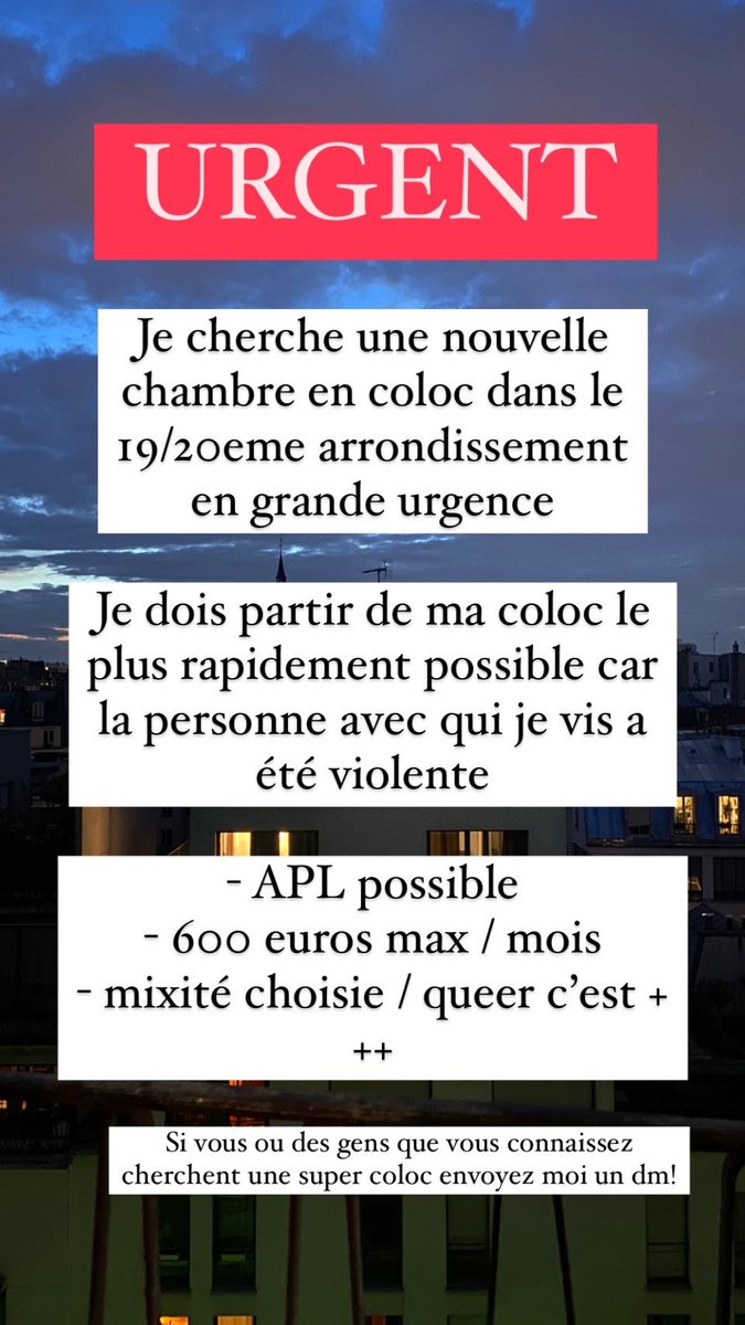 ninarichard_'s tweet photo. URGENT !! Je cherche une nouvelle coloc dans le 20/19eme en grande urgence car mon coloc actuel a été violent avec moi.
- 600 euros / mois max
- APL possibles 
- queer / mixité choisie c’est un ++++

Merci de RT à fond svppp et d’envoyer à vos potes qui cherchent des colocs https://t.co/I04aFSbJql
