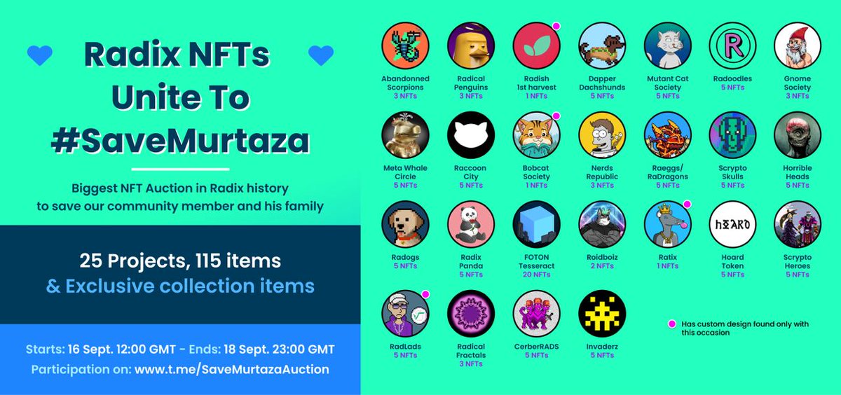 Join #SaveMurtazaAuction, the biggest NFT auction in #Radix history! 🔥 t.me/SaveMurtazaAuc… 115 NFTs from 25 OG, sold out and freshly launched projects! All joining forces to support Murtaza through a massive collection that is auctioned off to help him raise funds. 1/3