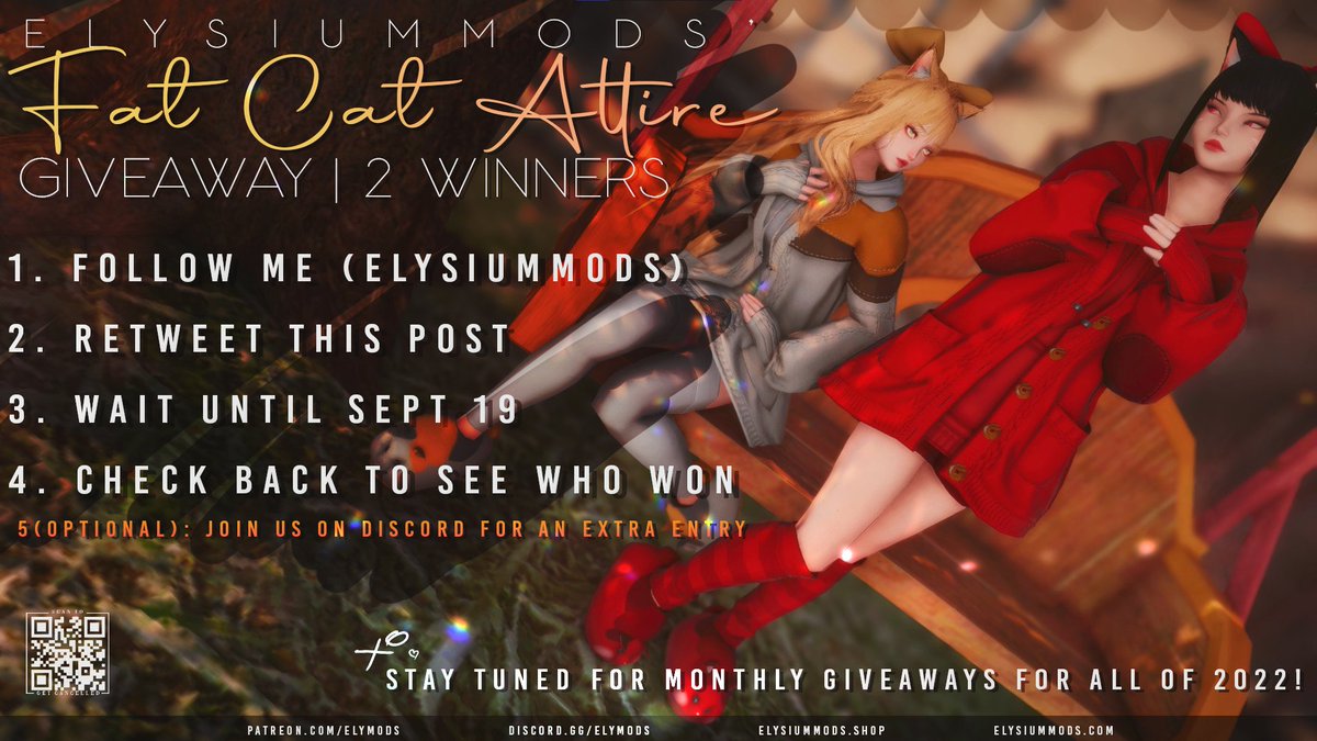 elysiummods's tweet photo. September's Giveaway is out! >>RT<< for a chance to win the new $22 Fat Cat Attire. You can also join us at https://t.co/RYJz23rclD for an extra entry. Details below. #gposers #ffxivsnaps 

Remember to stay tuned since we'll have monthly giveaways for the rest of 2022! 💝😻 https://t.co/iv4RpmfaJL