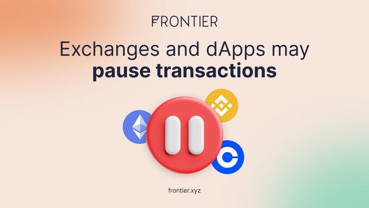 FrontierDotXYZ's tweet photo. ⏸ Some CeFi exchanges and even DeFi dApps, especially exchanges are likely to briefly pause transactions on Ethereum, $ETH and ERC20 tokens during the Merge.
This is likely a step taken in an abundance of caution to ensure the safety of their user's assets. https://t.co/FIbBHnKFbU