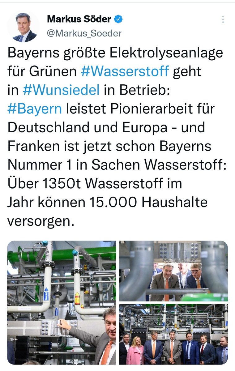 wilke_tobias's tweet photo. Mit Strom, der ca. 35.000 Haushalte versorgen könnte, wird in #Bayern #Wasserstoff produziert, dessen Rückverstromung nur noch für 15.000 Haushalte reicht und vielleicht hat #Söder ja noch ein paar krasse Energiespartipps im Trachtenjankerärmel? https://t.co/qjgfWWZF8A