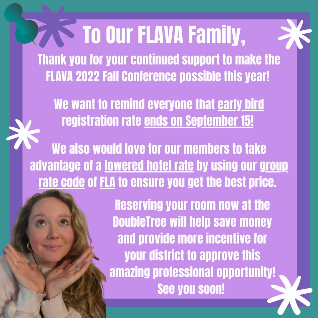 FLAVAWeb's tweet photo. 1 day left to take advantage of early bird registration and the group discount rate at the DoubleTree Williamsburg hotel! See info in our bio. Hope to see you soon!
#langchat #vaeducators #worldlanguage #flava22 https://t.co/lCxwYVdoZI