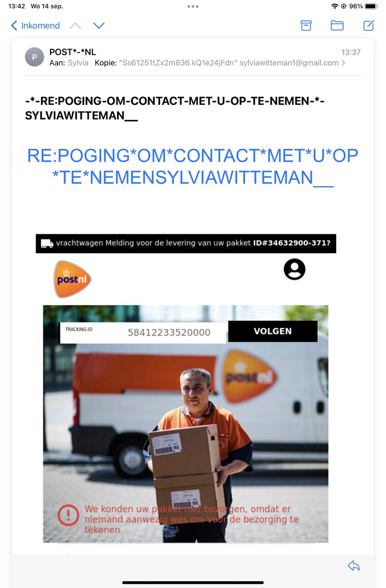 Zeg ⁦<a href="/PostNL/">PostNL</a>, ik krijg de hele tijd dit soort phishing in de mail…weten jullie daarvan?