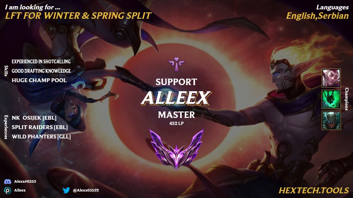 LFT For Winter &amp; Spring Split

I didn’t play 50% of summer split so I should be able to join any team for Winter split😁
Dms in Twitter or Discord are open!
Likes ❤ &amp; Retweets🔁Appreciated.😁