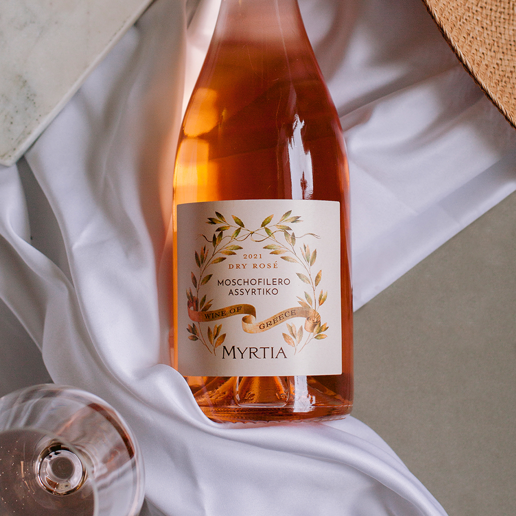 Myrtia is the Greek name for the myrtle bush whose leaves were used for crowns &amp; garlands in ancient Greece 
#BeyondTheLabelDesign #branddesign #labeldesign #brandidentity #designproject #WSETaccreditedteam #strategy #creative #drinkspackaging #branding #moschofilero #assyrtiko