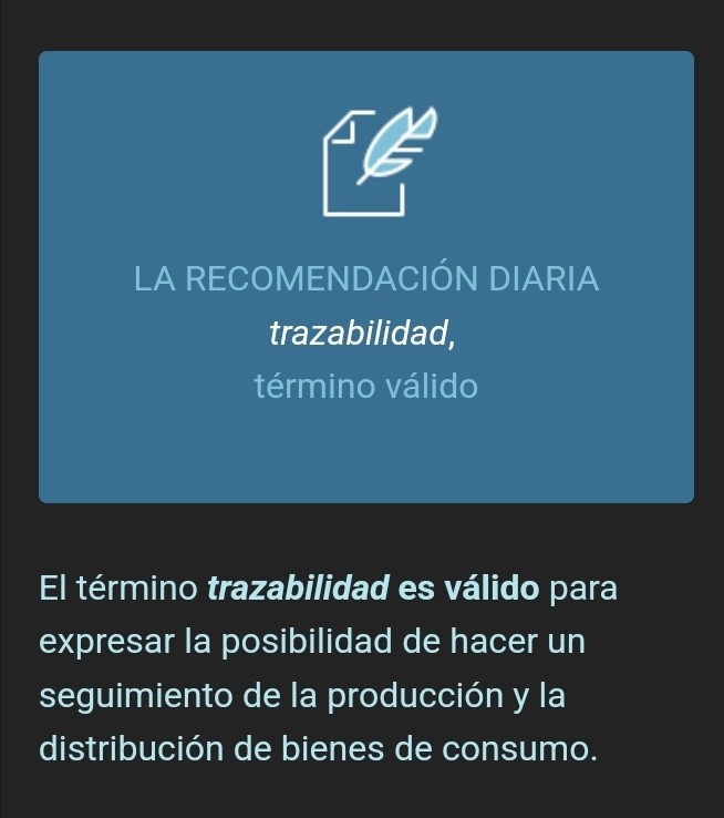 roxanatraduc's tweet photo. Trazabilidad:
Se trata de un anglicismo proveniente de traceability, que empezó a aplicarse en el ámbito agroalimentario, pero que también se ha instalado en otros, como el informático.

(Recomendación de @fundeurae)
#español #inglés #traductor #translator https://t.co/SyXLHS8hzV