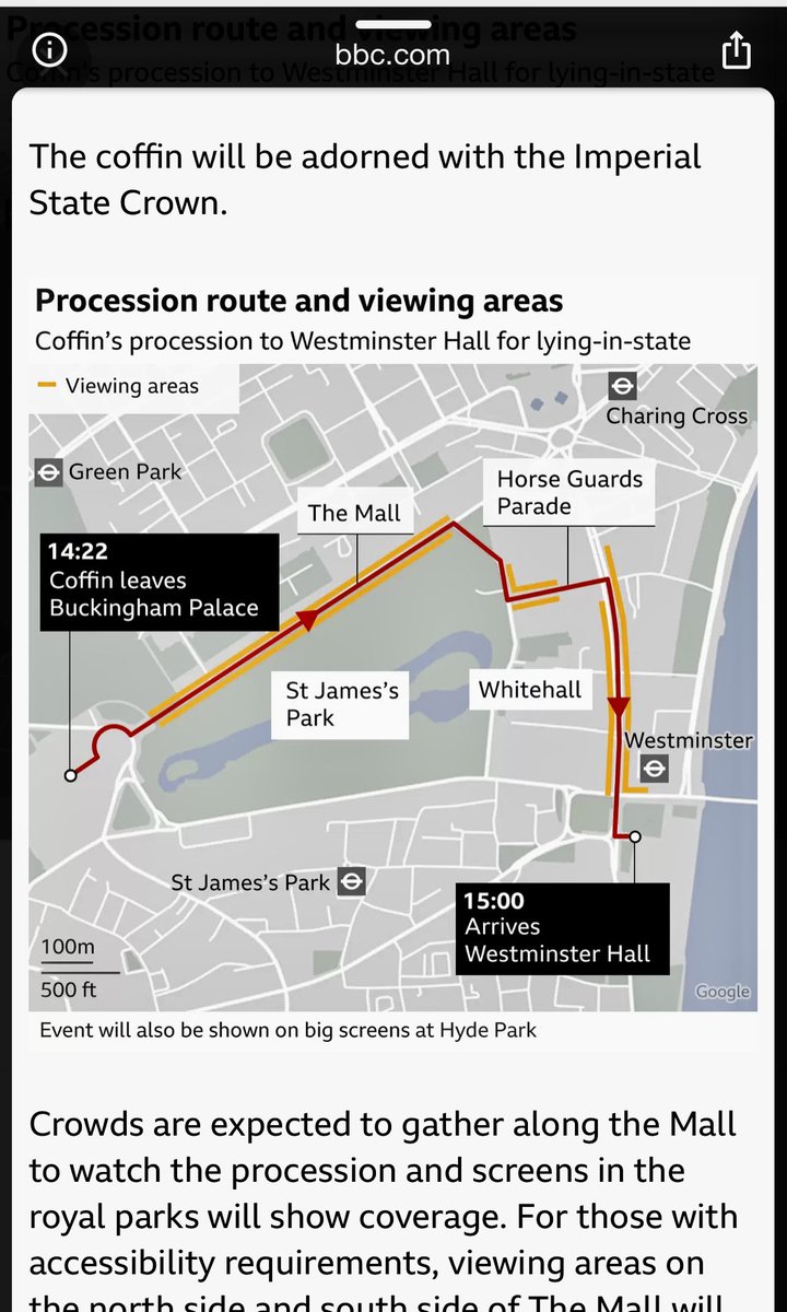 HBNYPR's tweet photo. Wow, it looks like someone at @CBSMornings @CBSNews just googled directions from Buckingham to Westminster Hall, rather than report the planned procession route along the Mall for #QueenElizabeth today. (Images: CBS Mornings, BBC)
@GayleKing https://t.co/PGFG15HYiL