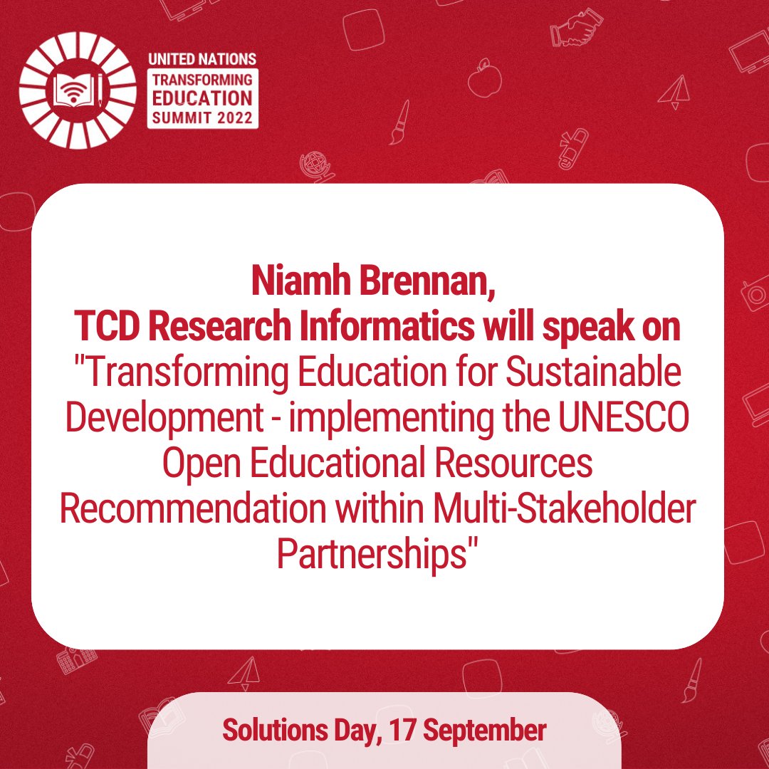Trinity College Dublin (@tcddublin) on Twitter photo Excited to see Trinity's <a href="/niamhmbrennan/">Niamh Brennan</a> will speak <a href="/UN/">United Nations</a> headquarters in NYC at the <a href="/TransformingEdu/">Transforming Education Summit</a> Summit this Saturday on accessing resources to expand education for sustainable development.
#SustainableTrinity Excited to see Trinity's <a href="/niamhmbrennan/">Niamh Brennan</a> will speak <a href="/UN/">United Nations</a> headquarters in NYC at the <a href="/TransformingEdu/">Transforming Education Summit</a> Summit this Saturday on accessing resources to expand education for sustainable development.
#SustainableTrinity