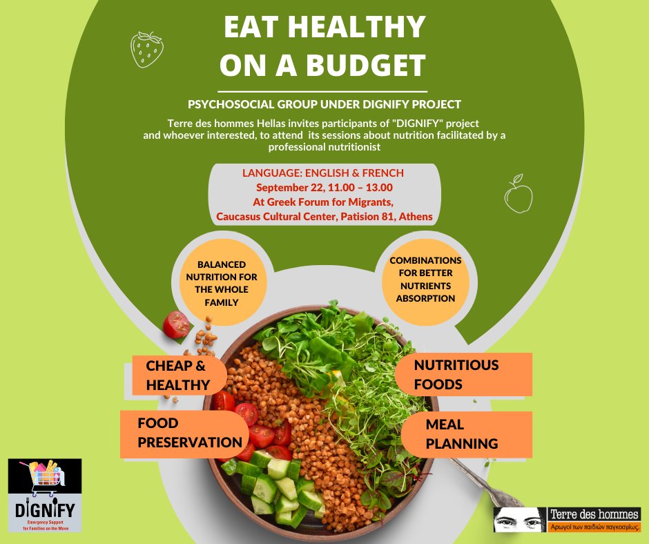 tdh_greece's tweet photo. How to eat healthy on a small budget? This is the topic of a session we organize for our beneficiaries of #DIGNIFYproject, refugee families who are left hungry, due to state policies
When: September 22, at Patision 81 str, Athens
Spread the word!
#nutrition #refugees #greece https://t.co/IaYFnr5z2a