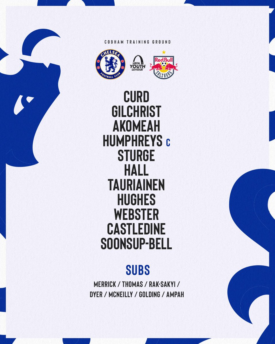 ChelseaFC's tweet image. Our young Blues are underway in #UYL action shortly! 🔵 

Here’s how we line-up! 🤝