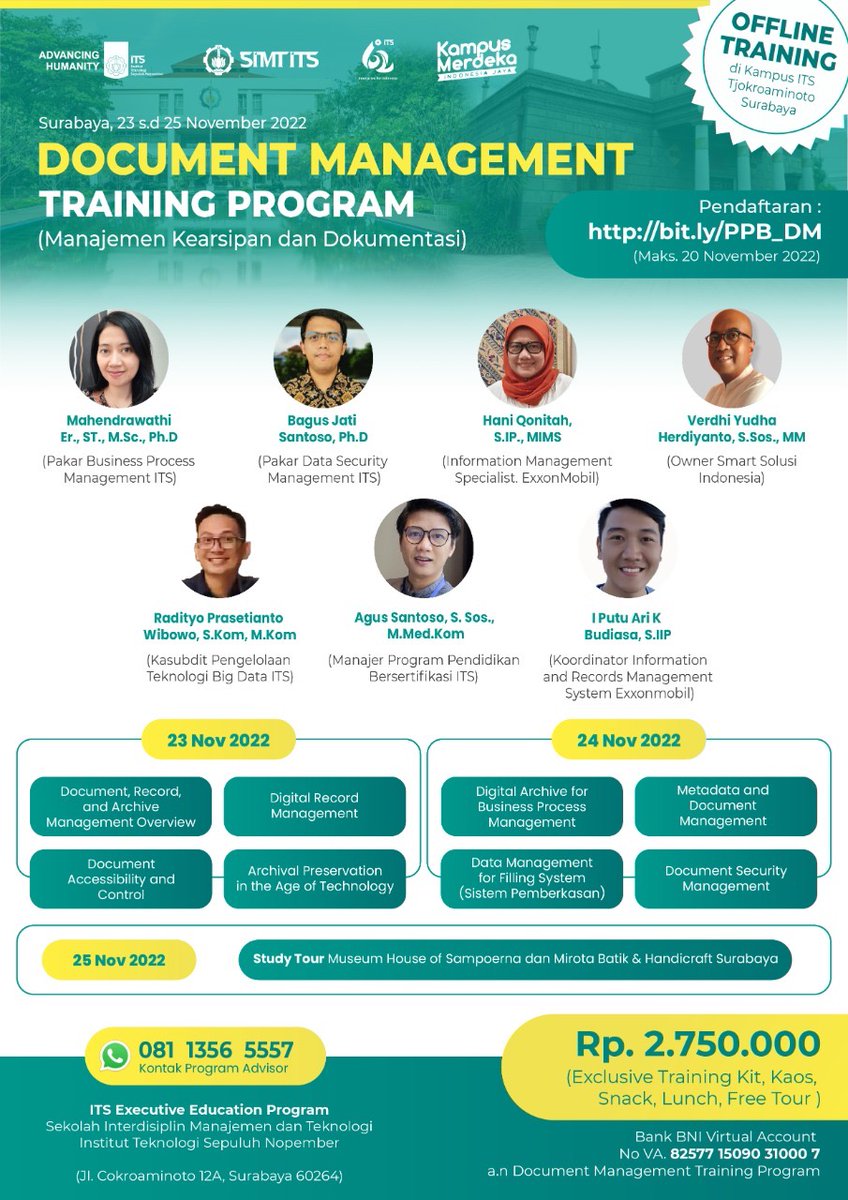 its_campus's tweet photo. Segera mendaftar di https://t.co/WoDuCvDesf Investment Fee: 2.750.000
#Training #Program #ManajemenArsip #DocumentManagement #SIMTITS #ITSCampus #ITSSurabaya https://t.co/OlUNCpZnQr