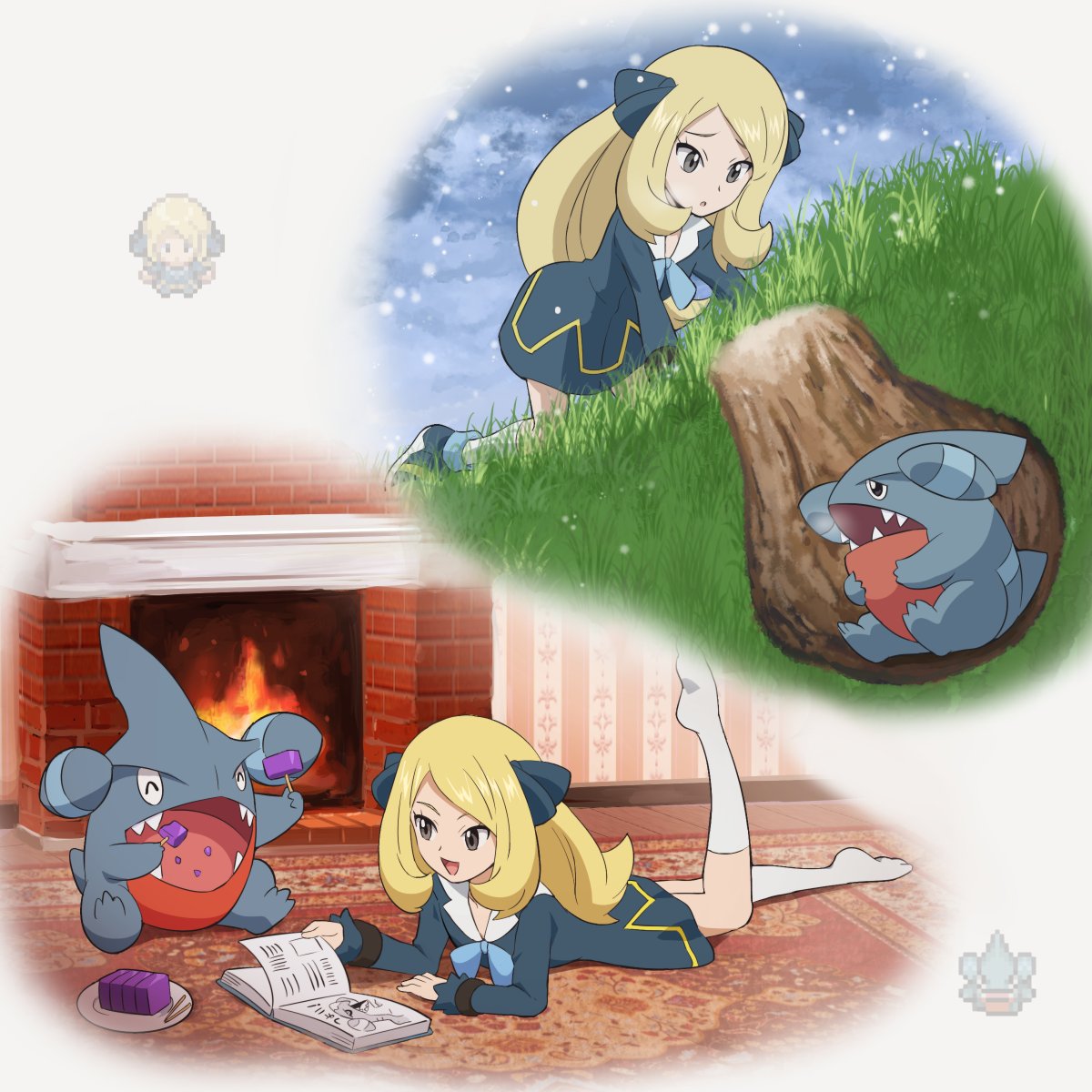cynthia (pokemon) aged down 1boy pokemon (creature) long hair blonde hair table 1girl  illustration images