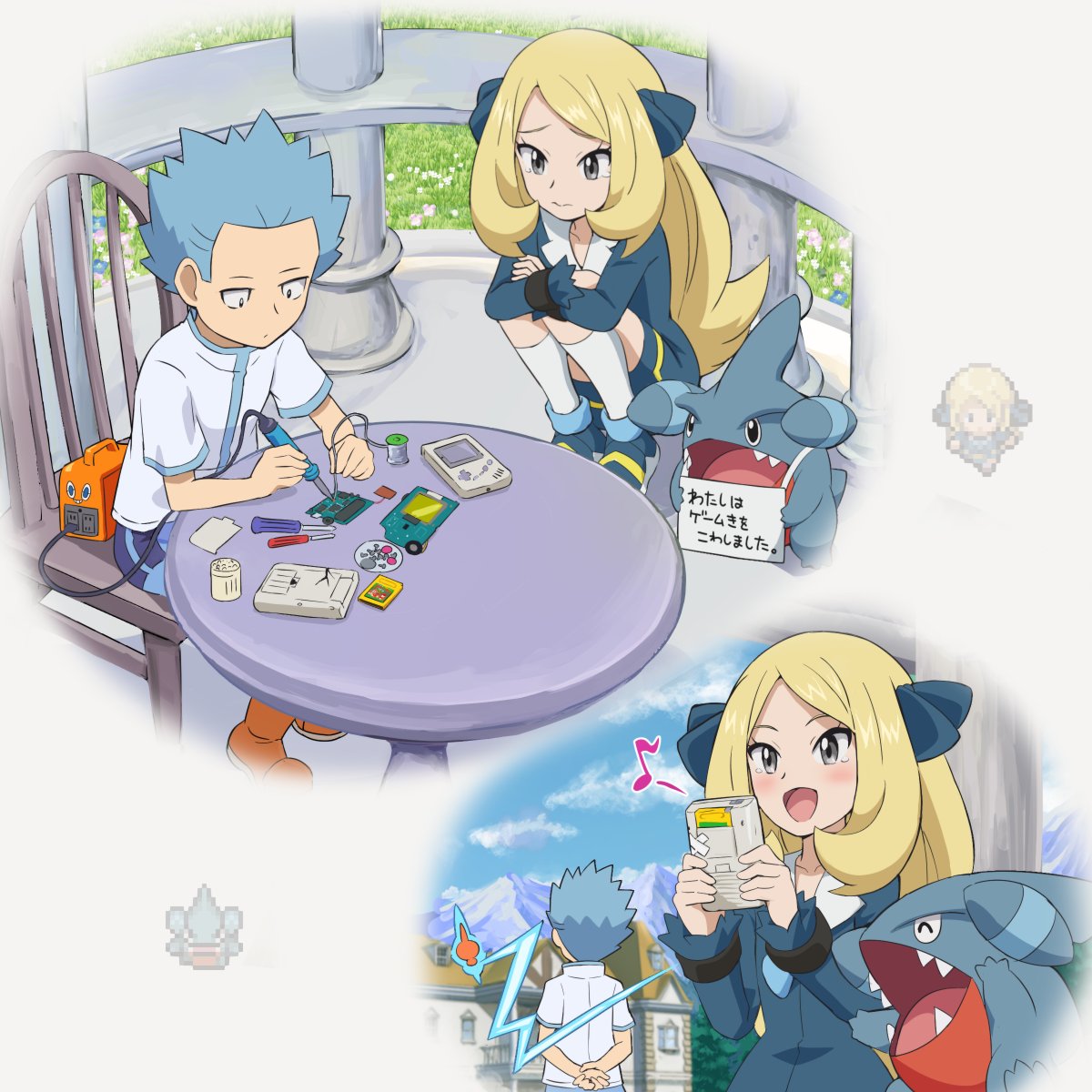 cynthia (pokemon) aged down 1boy pokemon (creature) long hair blonde hair table 1girl  illustration images
