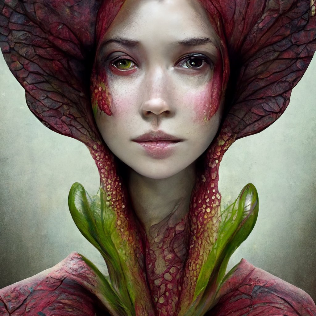 ArdentTie's tweet photo. A few years ago, I did a show called, “Strange Botany” and it was a mashup of plant spirits and humans. I used AI to help create this sarracenia maiden. https://t.co/zHMzkcsbd2