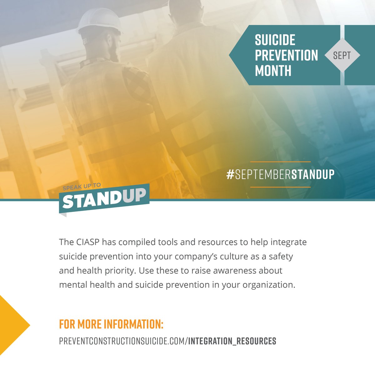 Looking for additional ways to spread awareness about suicide prevention? Visit the CIASP website for free downloadable suicide prevention resources and toolkits to share with your co-workers. bit.ly/3CaUHY6 #SuicidePreventionMonth #SeptemberStandUp #ABCMeritShopProud