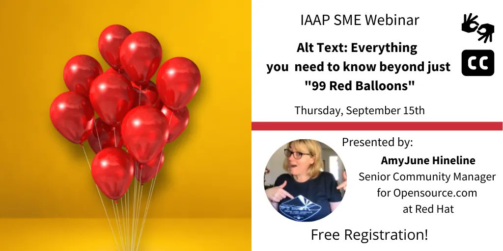 IAAPOrg's tweet photo. FREE Subject Matter Expert Webinar 
Learn the art of writing effective alt-text. Never struggle with accessible images and graphs again! Presented by AmyJune Hineline.
Live September 15, 11:00 AM ET
Register: https://t.co/ZL4fjhOfmO https://t.co/ODkRANN1Ft