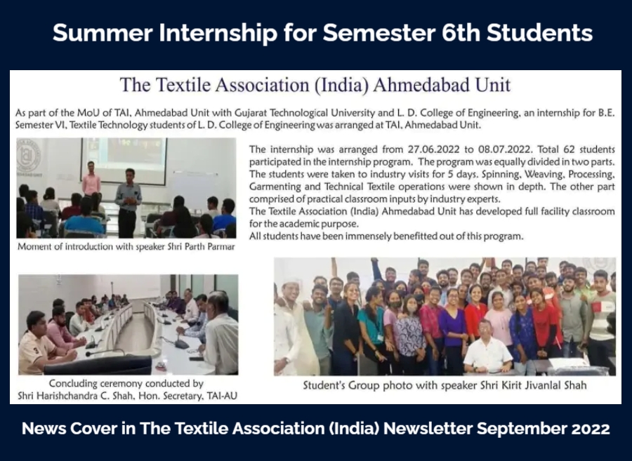 Textile_LDCE's tweet photo. The Department of Textile Tech., LDCE, Ahmedabad in association with The Textile Association (India) Ahmedabad Unit organized an internship program for the pre final year students to sharpen their technical and managerial skills and thus to make them competent for the Industry. https://t.co/Y2Ic5VGqCv