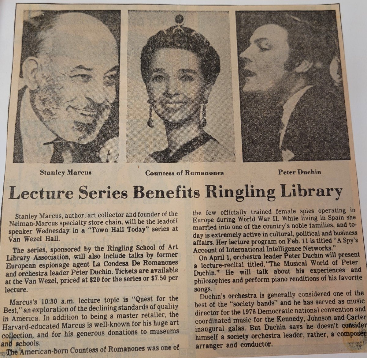 A <a href="/HeraldTribune/">Sarasota Herald-Tribune</a> article announcing our first #TOWNHALL lineup for 1981. We were called then the"RSALA" (Ringling School of Art Library Association). The series was held in the <a href="/vanwezelpah/">Van Wezel Performing Arts Hall</a> and seating was open-availability. Attending all three speakers cost a whopping $20!