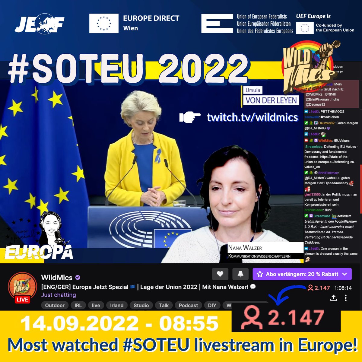European Federalists (@federalists) on Twitter photo 🇪🇺With over 2.100 the most watched #SOTEU 2022 livestream in EU! <a href="/NanaWalzer/">Nana Walzer 🇪🇺</a> commented live <a href="/vonderleyen/">Ursula von der Leyen</a> <a href="/EU_Commission/">European Commission</a> at <a href="/WildMics/">WildMics </a> at twitch! With backgroundinfos from <a href="/edi_wien/">Europe Direct Wien</a> and <a href="/JEF_at/">JEF Austria</a>. Thanks to <a href="/DanLateral/">Ðan</a> <a href="/SimplySteffen/">SimplySteffen</a> @TommyKrappweis #Ferngespräch <a href="/R9Austria/">R9 TV Austria</a> you rock! 🇪🇺With over 2.100 the most watched #SOTEU 2022 livestream in EU! <a href="/NanaWalzer/">Nana Walzer 🇪🇺</a> commented live <a href="/vonderleyen/">Ursula von der Leyen</a> <a href="/EU_Commission/">European Commission</a> at <a href="/WildMics/">WildMics </a> at twitch! With backgroundinfos from <a href="/edi_wien/">Europe Direct Wien</a> and <a href="/JEF_at/">JEF Austria</a>. Thanks to <a href="/DanLateral/">Ðan</a> <a href="/SimplySteffen/">SimplySteffen</a> @TommyKrappweis #Ferngespräch <a href="/R9Austria/">R9 TV Austria</a> you rock!