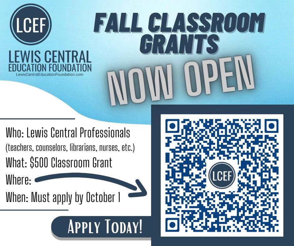 The Fall 2022 grant application is open through October 1st. Open to all <a href="/LewisCentralCSD/">Lewis Central Community School District</a> teachers!
lewiscentraleducationfoundation.com/grants/