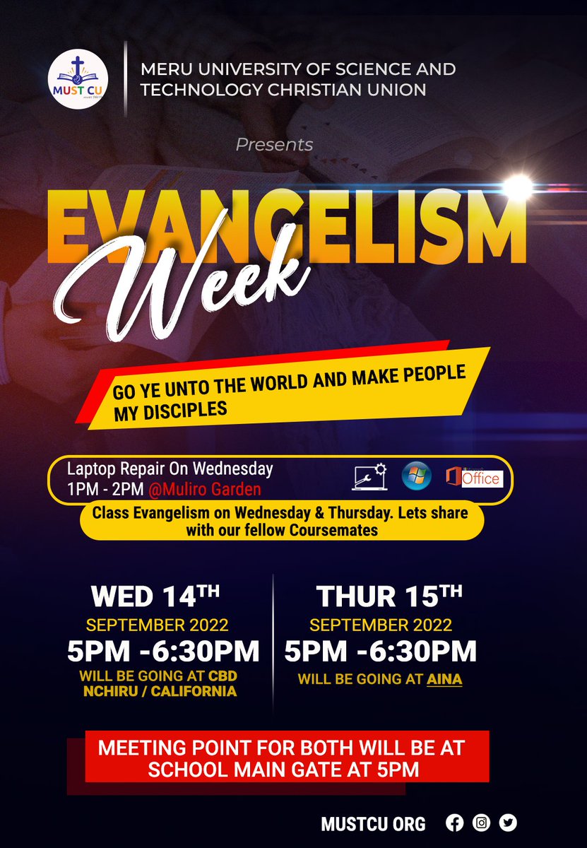 mustcu_org's tweet photo. Evangelism week
Day One

We will be spreading the good news in Nchiru CBD and California 

Matthew 28:19 Therefore go and make disciples of all nations, baptizing them in the name of the Father and of the Son and of the Holy Spirit, https://t.co/nIrOvPFRuE