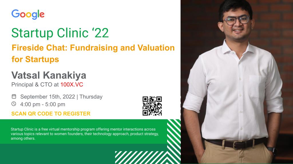 GoogleDevsIN's tweet photo. As part of the #StartUpClinic program, we’re conducting a Fireside Chat with @vazzupk, Principal & CTO at https://t.co/Xnu9RKZziR, on Fundraising & Valuations for Startups. #womenfounders #googleforstartup #google
📆: Tomorrow, Sep 15
⏰: 4 PM
Register: https://t.co/PMgCrqAE64 https://t.co/URhVBFHr7N