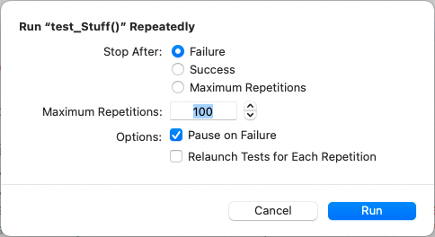 SteveBarnegren's tweet photo. TIL that if you right click a test diamond in Xcode you choose to run a test repeatedly. Great for when you suspect you have a flaky test! https://t.co/9u44AJkiTy