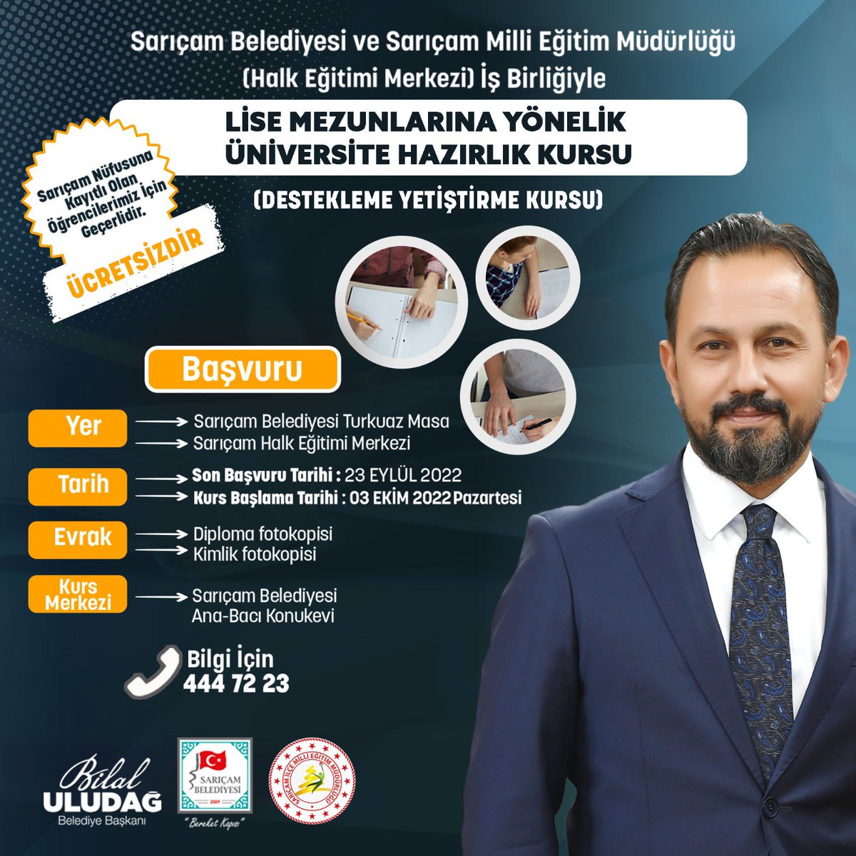 saricambel's tweet photo. #SarıçamBelediyesi, Sarıçam Milli Eğitim Müdürlüğü ve Sarıçam Halk Eğitimi Merkezi İşbirliği ile düzenlediğimiz, Lise Mezunlarına yönelik ÜCRETSİZ Üniversite Hazırlık Kursu Kayıtlarımız başlamıştır. 
☎️ Bilgi için          : 4447223 https://t.co/2loVKs9Nps