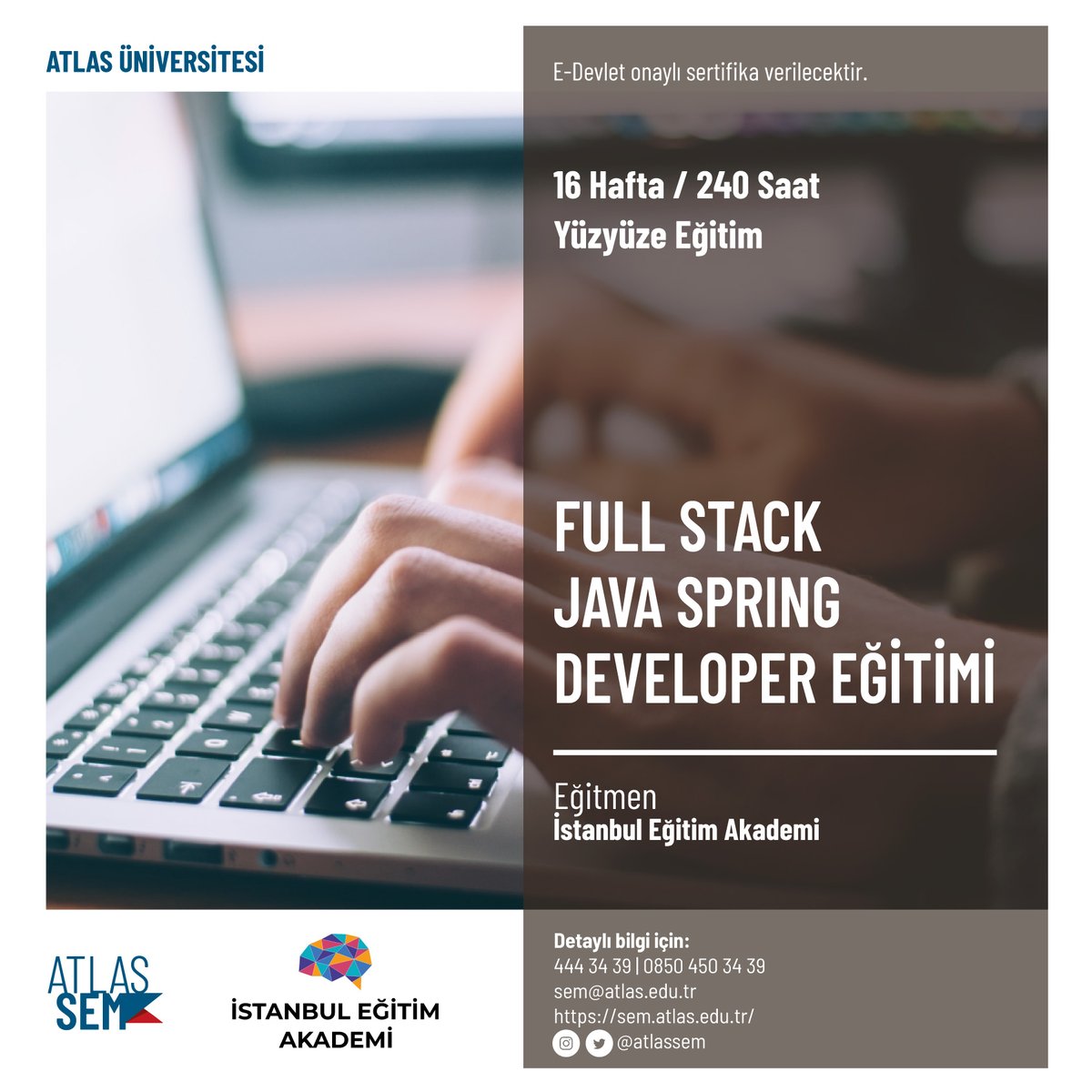 Açık kaynak kod yazılım geliştirme alanında son teknoloji olan Java alt yapısında sektör deneyimi kazanabileceğiniz ve uygulamalar geliştirebileceğiniz 'Full Stack #Java Developer Eğitimi'nin kayıtları başladı.

Detaylı bilgi için:
sem.atlas.edu.tr/tr/full-stack-…

#AtlasÜniversitesi