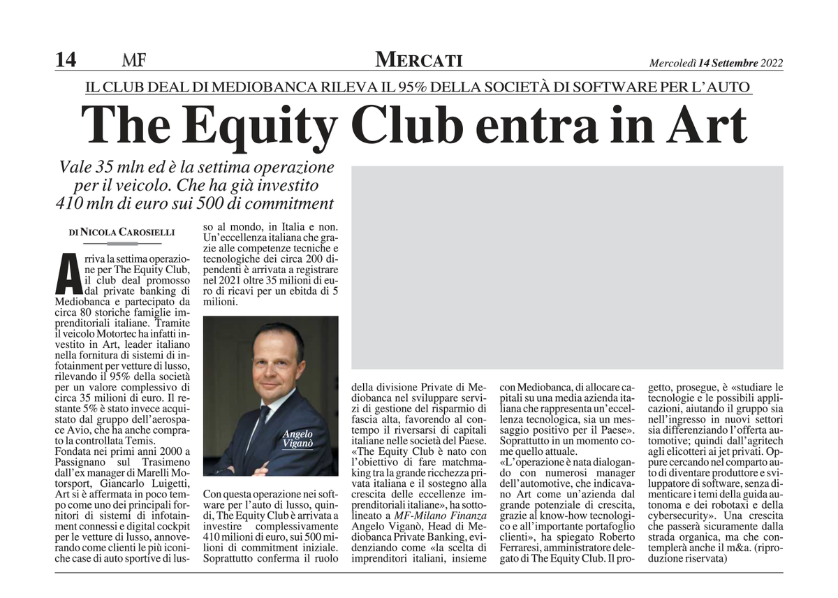 mediobanca's tweet photo. #MBPress - The Equity Club rileva il 95% di Art, società di software per auto. L’operazione conferma il ruolo della divisione #Private di Mediobanca nello sviluppo di servizi di gestione del risparmio di fascia alta. @Milanofinanza @caros_nic

#Mediobanca #TEC https://t.co/FRPbHpZPZc