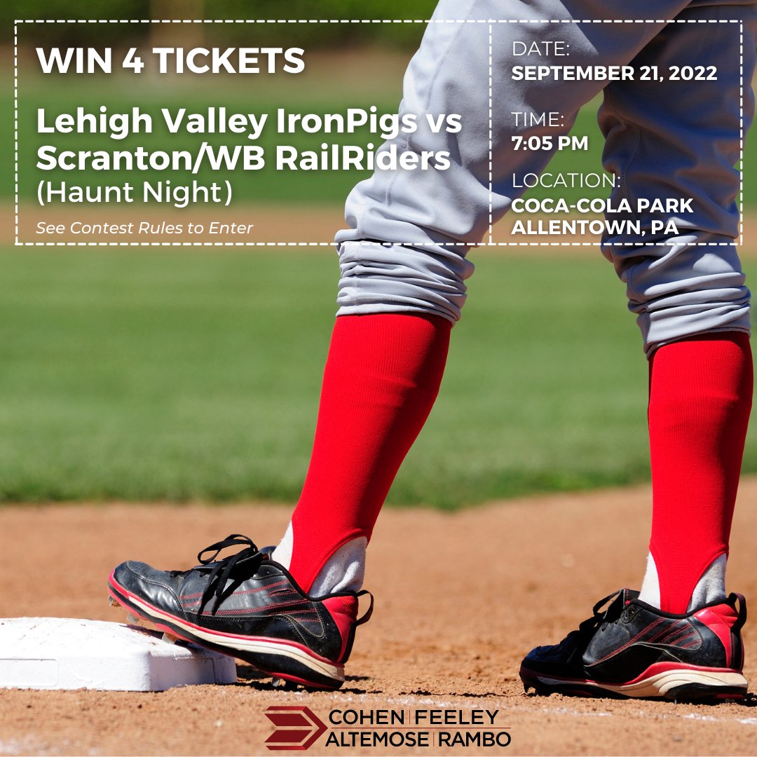 "Take me out to the ball game!" ⚾️

Win four (4) tickets to the IronPigs game Wednesday, September 21 vs. Scranton/WB RailRiders at 7:05 p.m. ET, courtesy of Cohen Feeley Altemose &amp; Rambo! Don't miss your chance to celebrate Haunt Night.

Enter here: bit.ly/3qzv1xA