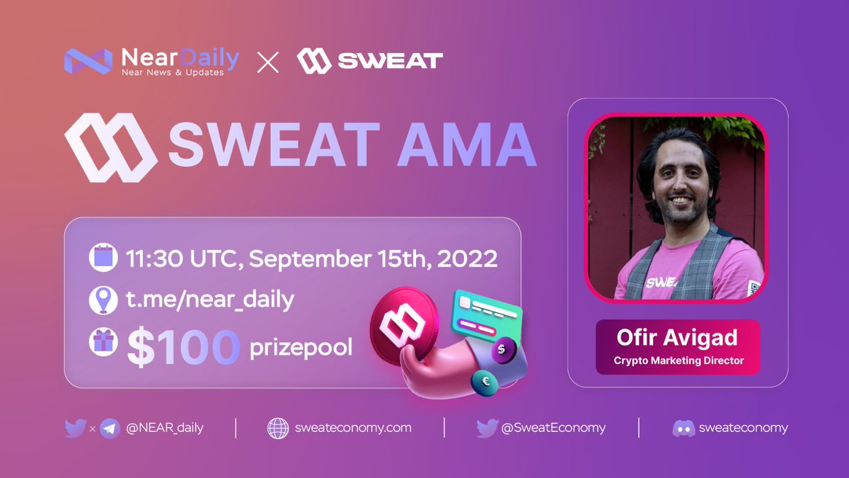 We're excited to announce that we'll be hosting an AMA with <a href="/SweatEconomy/">SWEAT💧</a>

❓AMA type: Telegram Text

📅 Date: September 15th at 11:30 AM UTC

📍 Venue: t.me/near_daily

🎁 Prize Pool: $100

👉 How to win prizes?
1️⃣ Join SWEAT's socials
2️⃣ Like and retweet!