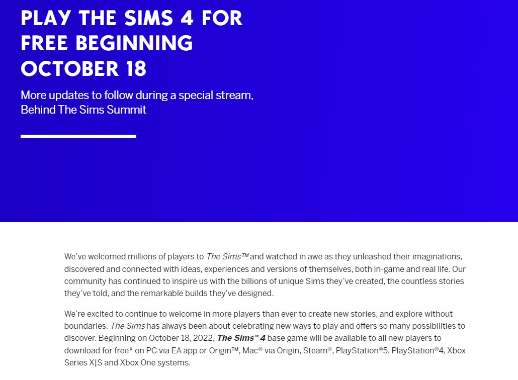 The Sims 4 is going free to play in October 2022