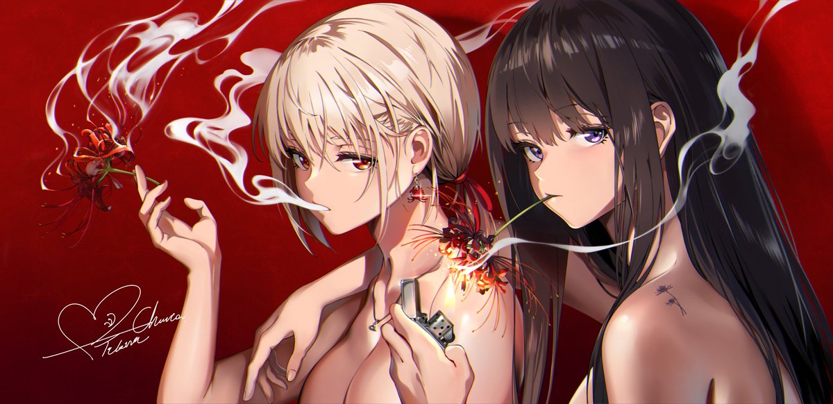 inoue takina ,nishikigi chisato multiple girls 2girls lighter black hair blonde hair long hair spider lily  illustration images