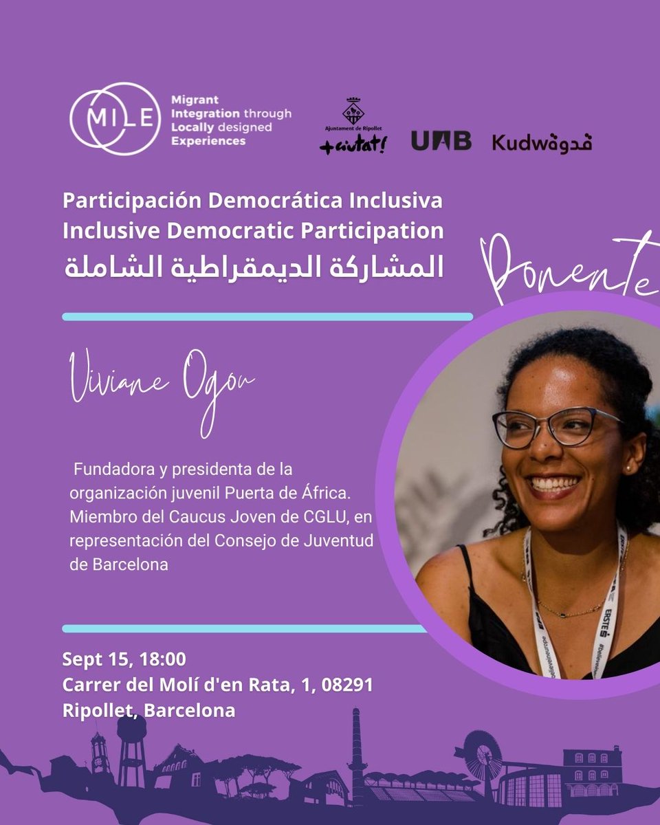 kudwa_rolemodel's tweet photo. #ponente @vivianeogou
Compartirá en nuestro evento porque la participacion democratica de jovenes migrantes es muy importante y cómo la podemos conseguir.
Inscripcion:
https://t.co/gfX0AOYZf3 🔗
Sept 15, 18:00
Carrer del Molí d'en Rata, 1, 08291
Ripollet, Barcelona https://t.co/w7wYhf6LrZ