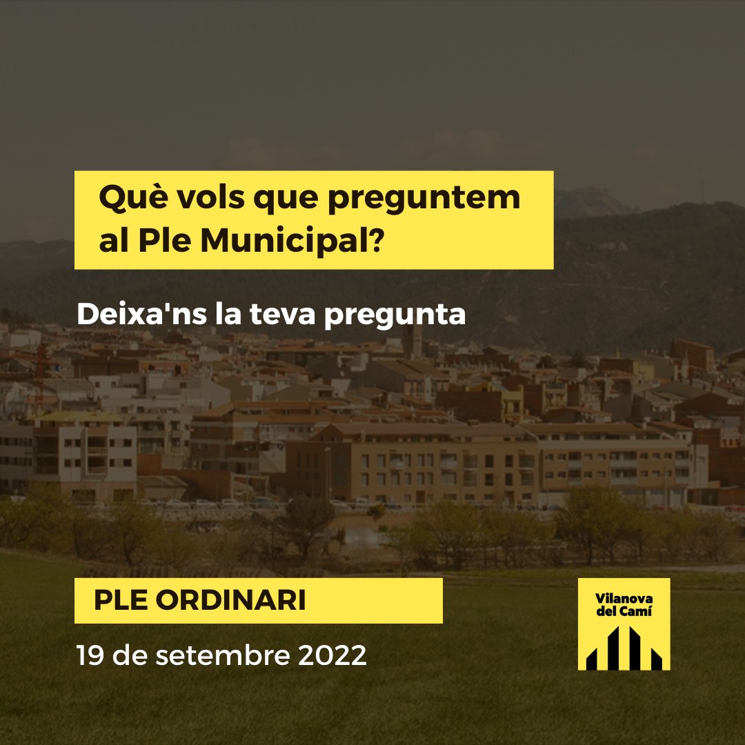 ERC_Vilanova's tweet photo. El dilluns 19 de setembre tenim un nou Ple Ordinari.
🤔 Tens dubtes, suggeriments, preocupacions al voltant del nostre municipi?
Deixa'ns un comentari amb la teva pregunta i la portarem a la nova sessió plenària.
#ERCVilanova #ERC #VilanovadelCamí #PleMunicipal https://t.co/9UD0wPMjDO