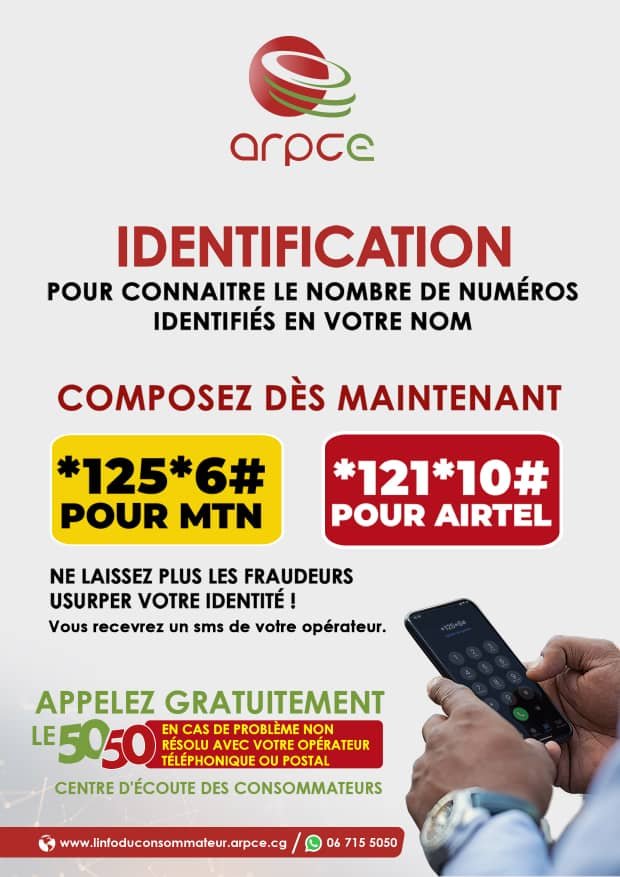 ARPCECongo's tweet photo. #LeSaviezVous ?
Pour connaitre le nombre de numéros identifiés à votre nom, il vous suffit de composer les codes USSD suivants : *125*6# pour l'opérateur MTN et *121*10# pour l'opérateur AIRTEL.

#ARPCECongo #Identification https://t.co/OOd2R1vRwM