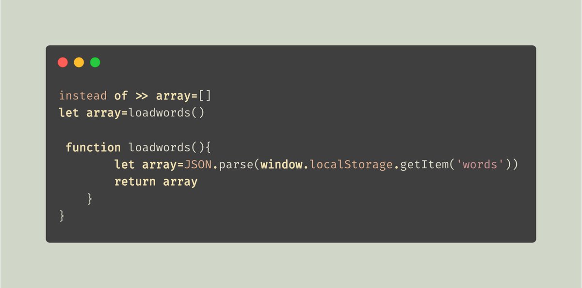 rays_codes's tweet image. ☑️I created a function called loadwords()
 and I set my array to this function 
this function returns the data from the local storage that have been saved before 
so every time my array is pushing new items but also have the old items 
#javaScript #js #webdevelolment