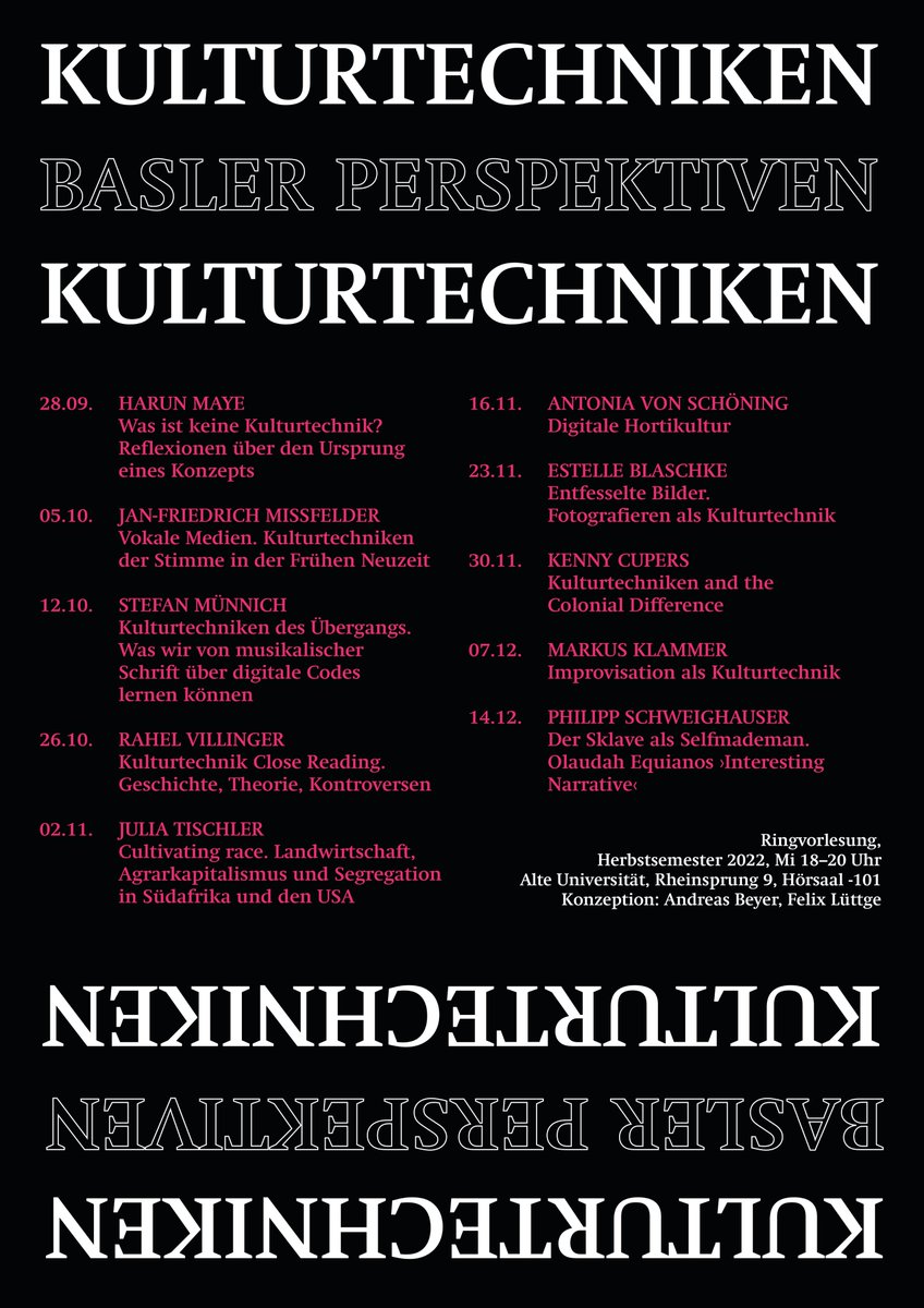 Mewi_UniBasel's tweet photo. Unterschiedliche Perspektiven auf Theorien, Methoden und Geschichte der Kulturtechniken: 

RINGVORLESUNG HS22
Kulturtechniken. Basler Perspektiven

MI 18-20h am Rheinsprung 9

👉 https://t.co/mp3TImEkrd https://t.co/c1aWt4J2Yc