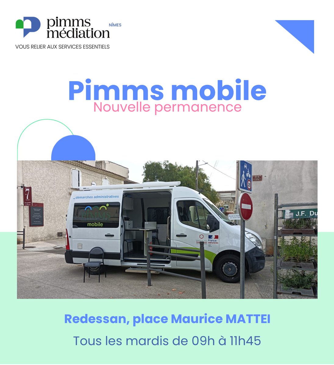 PIMMS_de_Nimes's tweet photo. Le #Pimmsmobile 🚐 vient à la rencontre des habitants de @Redessan_mairie ! 
Accès aux droits, orientation, soutien aux démarches administratives ➡️ Nos médiateurs seront présents tous les mardis matin. 
Hier, pour sa première permanence, le #Pimmsmobile a accueilli 9 personnes ! https://t.co/CbX7mCtChY