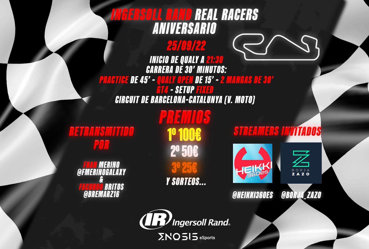 🏁Are you ready?🏁 Marcamos el calendario y el 25 de septiembre🗓️es para la Ingersoll Rand Real Racers!!! Los mejores pilotos competirán en <a href="/iRacing/">iRacing</a> junto a los "wildcards" <a href="/Heikki360/">Xabier Sánchez</a> y <a href="/borja_zazo/">Borja Zazo</a> en esta fiesta del #simracing en Barcelona. Nos vemos en Twitch!!! #ingersollrand