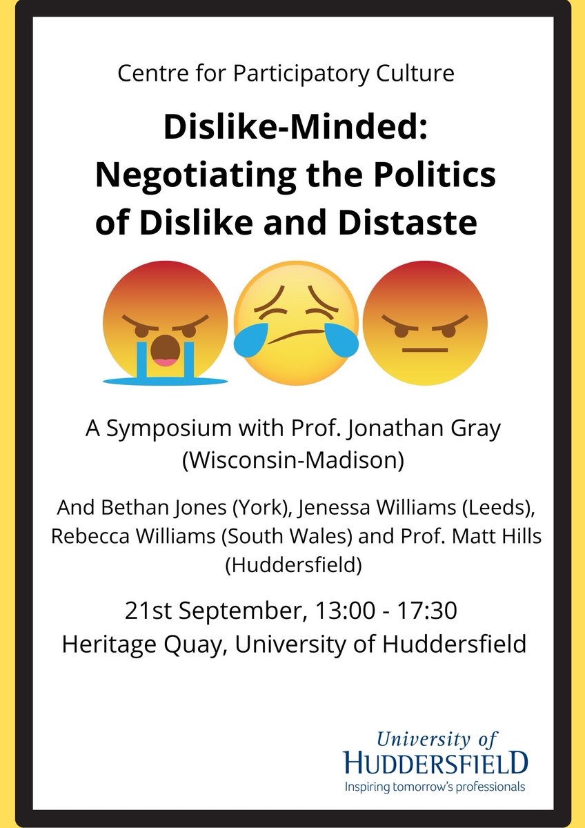 HudUniMedia's tweet photo. Next Wednesday @CPC_Hud  welcomes visiting scholar, @jonathanagray  (Wisconsin-Madison), who will be presenting from his monograph, Dislike-Minded: Media, Audiences, and the Dynamics of Taste.

https://t.co/EMyzG7QgYB https://t.co/DKLE0wHa7E