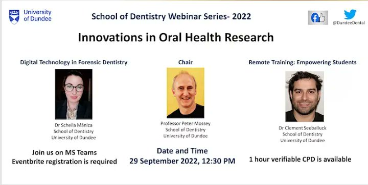 We're delighted to invite you to our September webinar event!

Title: Innovations in Oral Health Research 
Date and Time: 29 September 2022, Wednesday, 12:30-13:30 BST 
Sign up here 👉 buff.ly/3QAx7rx