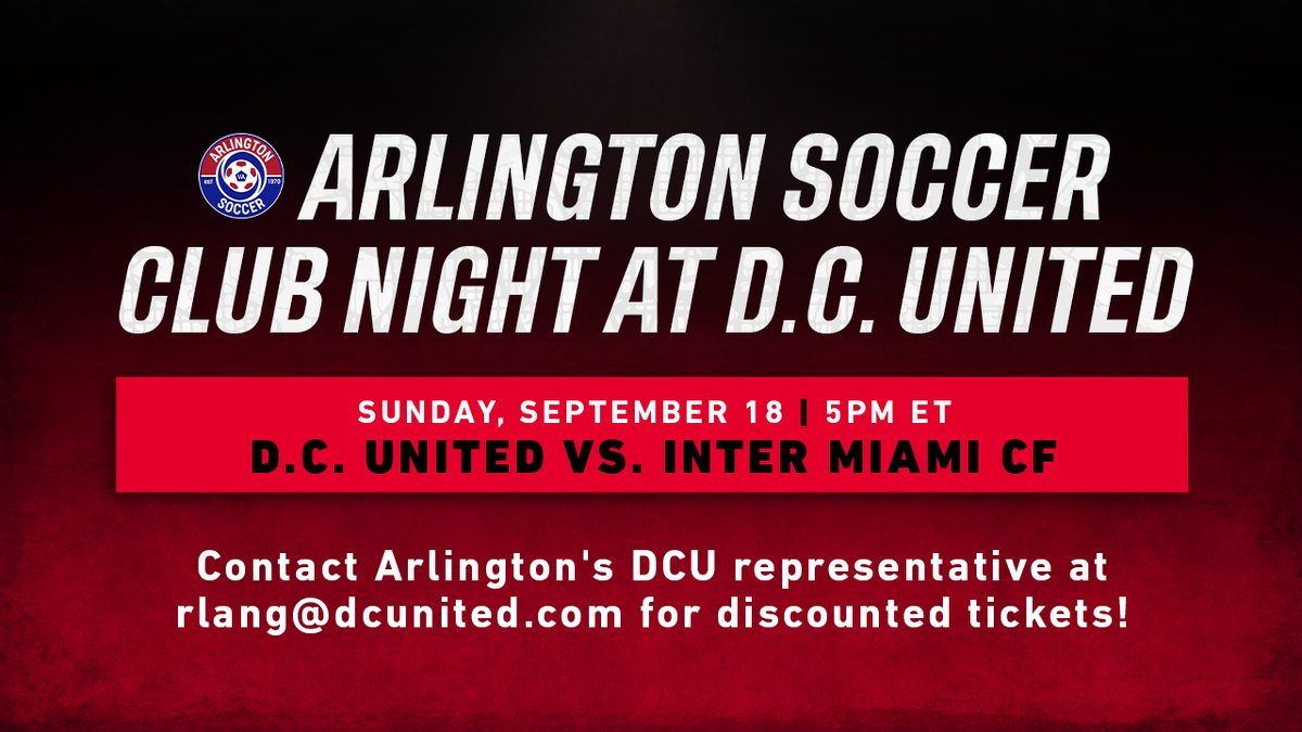 Reminder to join us for Arlington Soccer Night at <a href="/AudiField/">Audi Field</a> this Sunday at 5 p.m. when <a href="/dcunited/">D.C. United</a> takes on <a href="/InterMiamiCF/">Inter Miami CF</a>!

Purchase discounted tickets here: bit.ly/3CbsCQv

#TeamArlington #VamosUnited