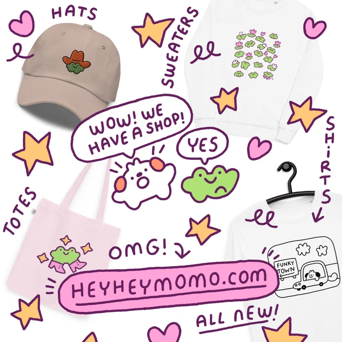 It's time! ❤️ a brand new shop filled with shirts, hats, totes and more based on momo &amp; forg is now live! Oh, and its also integrated in a new website where I will be collecting all my little heyheymomo comics! 

Go have a look at https://t.co/kYmCdOBVxl 😊🥰 