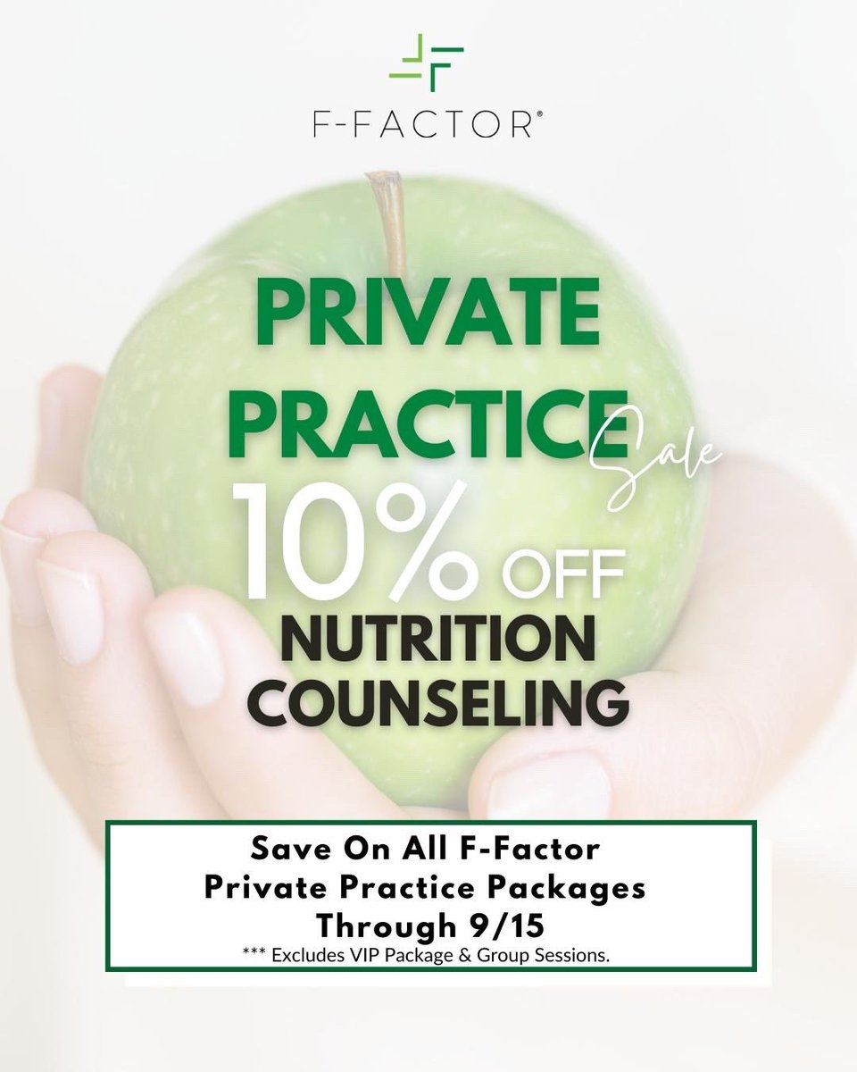 If you ever wanted to become an F-Factor Client- there is no better time than today 🍏! This week only save 10%off ALL Nutrition Counseling services. To learn more about becoming an F-Factor Client, call the office at 646-442-3904or email info@ffactor.com 
***Offer expires 9/15