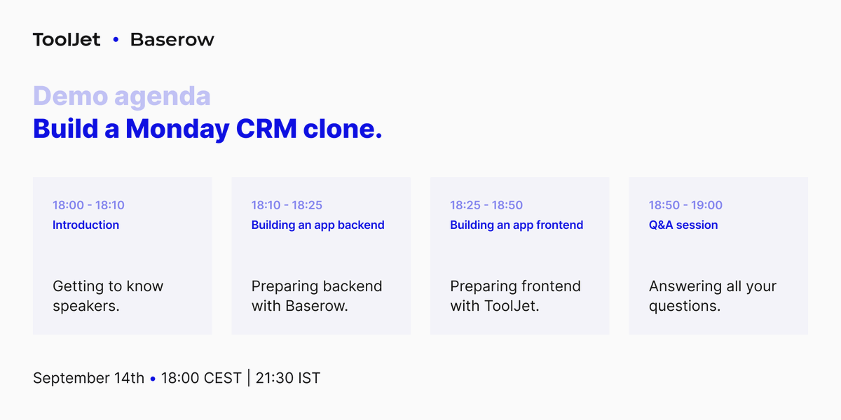 Going live in 3 hours with <a href="/baserow/">Baserow</a> for our first Demo Hour. 🚀

Here's the agenda! 👇

RSVP here: lu.ma/tj-br

#OpenSource #lowcode #nocode