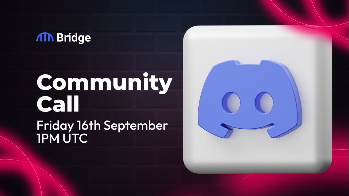 Join us this Friday, September 16th at 1PM UTC in the Bridge discord for another community call! 

We will be providing updates on the future of Bridge and what we've been working on!

The floor will be open for members to ask questions.

Join discord -> discord.gg/D8nNk99J